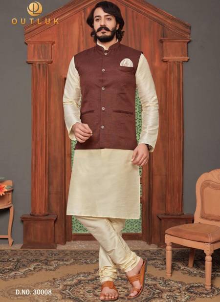 Brown Colour Exclusive Art Silk Festive Wear Kurta Pajama With Jacket Mens Collection 30008